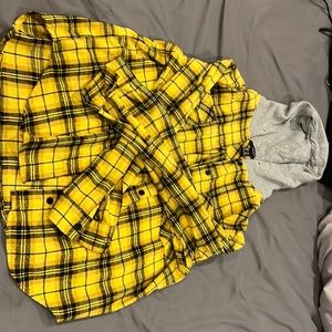 Plaid black, grey, and yellow button up with hoodie from forever 21